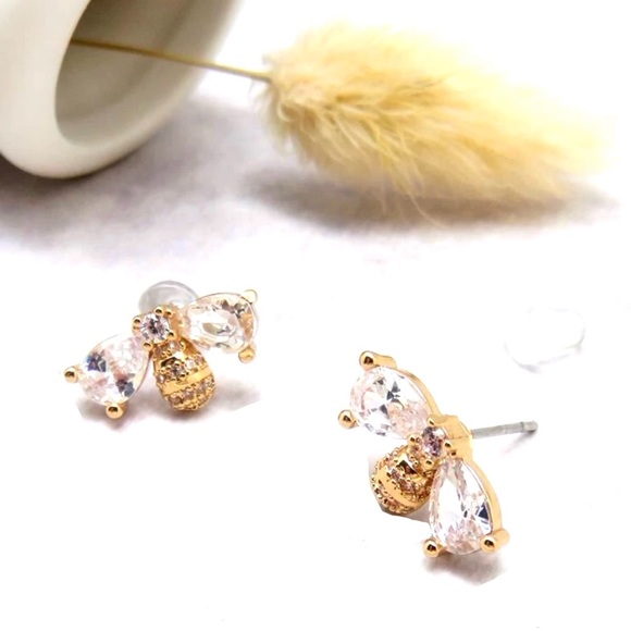 “Crystal Encrusted Bumblebee” Honey Bee Elegant Upscale Sparkly Insect Gold Stud - Picture 9 of 16
